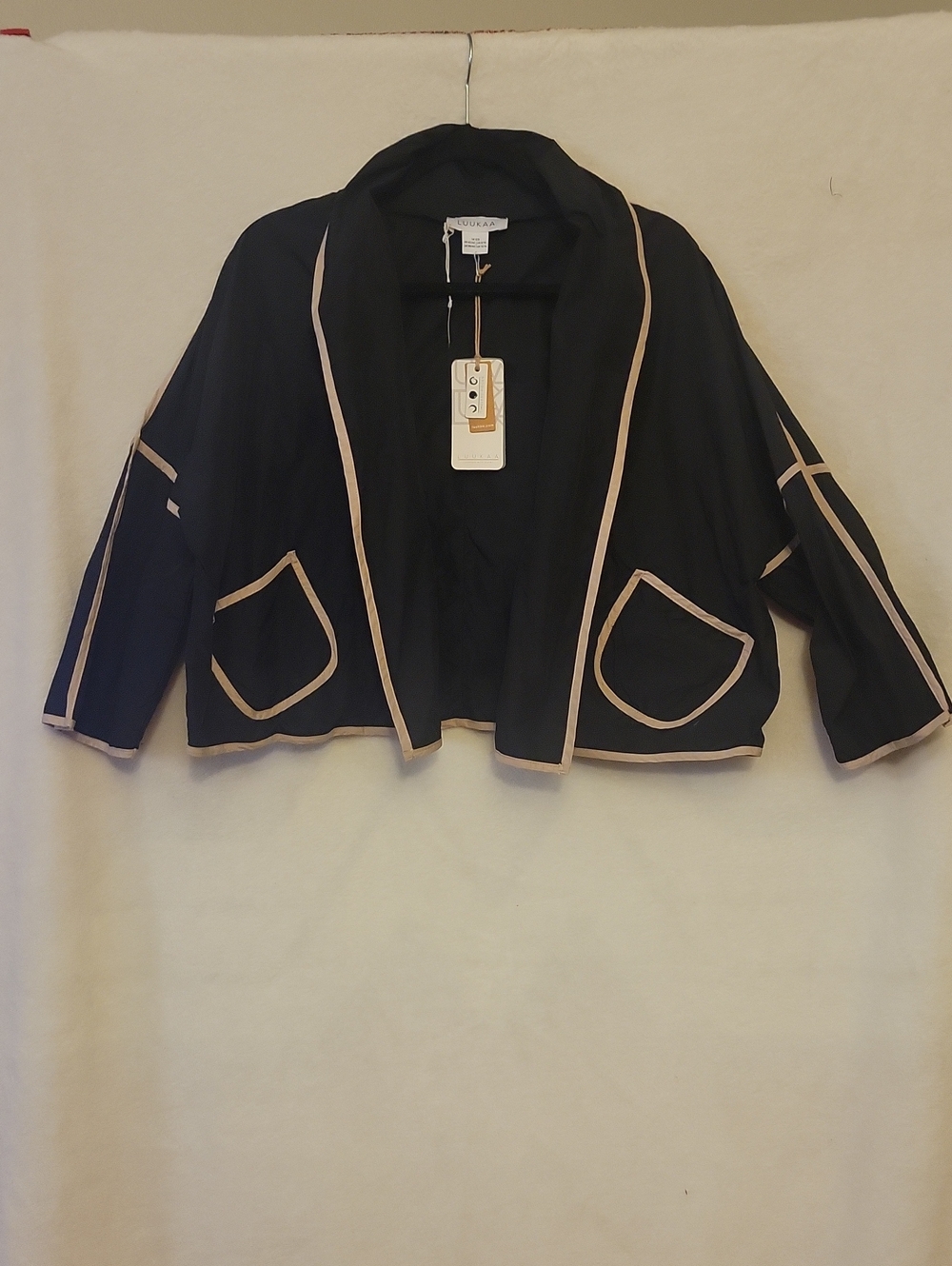Luukaa Black Cropped Open-Front Jacket with Cream Trim